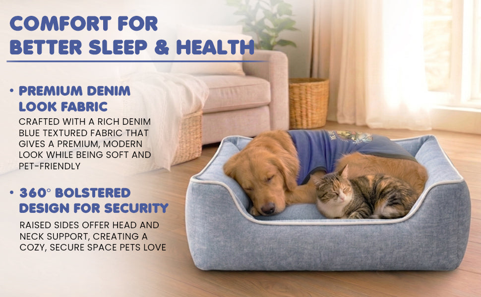 Dog resting on the FurryFits denim blue orthopedic pet bed