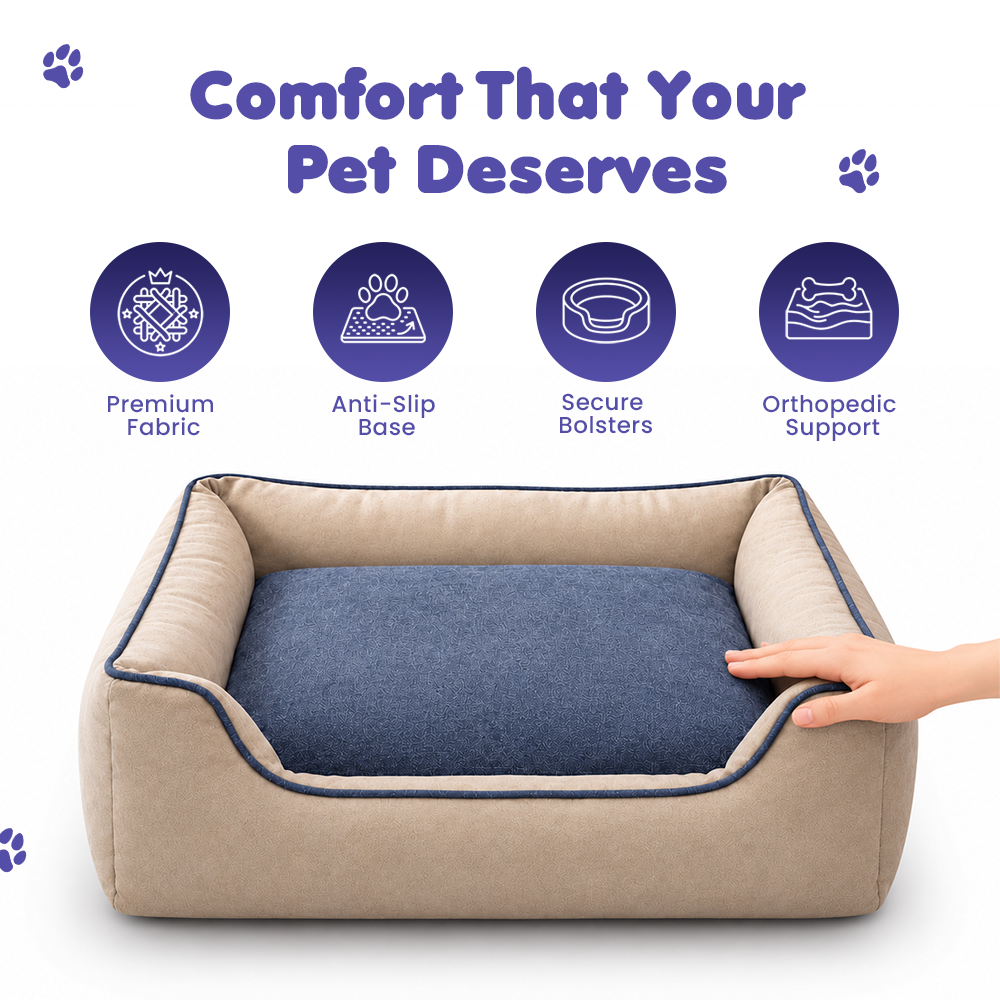 FurryFits dog bed features: premium fabric, anti-slip base, secure bolsters, orthopedic support