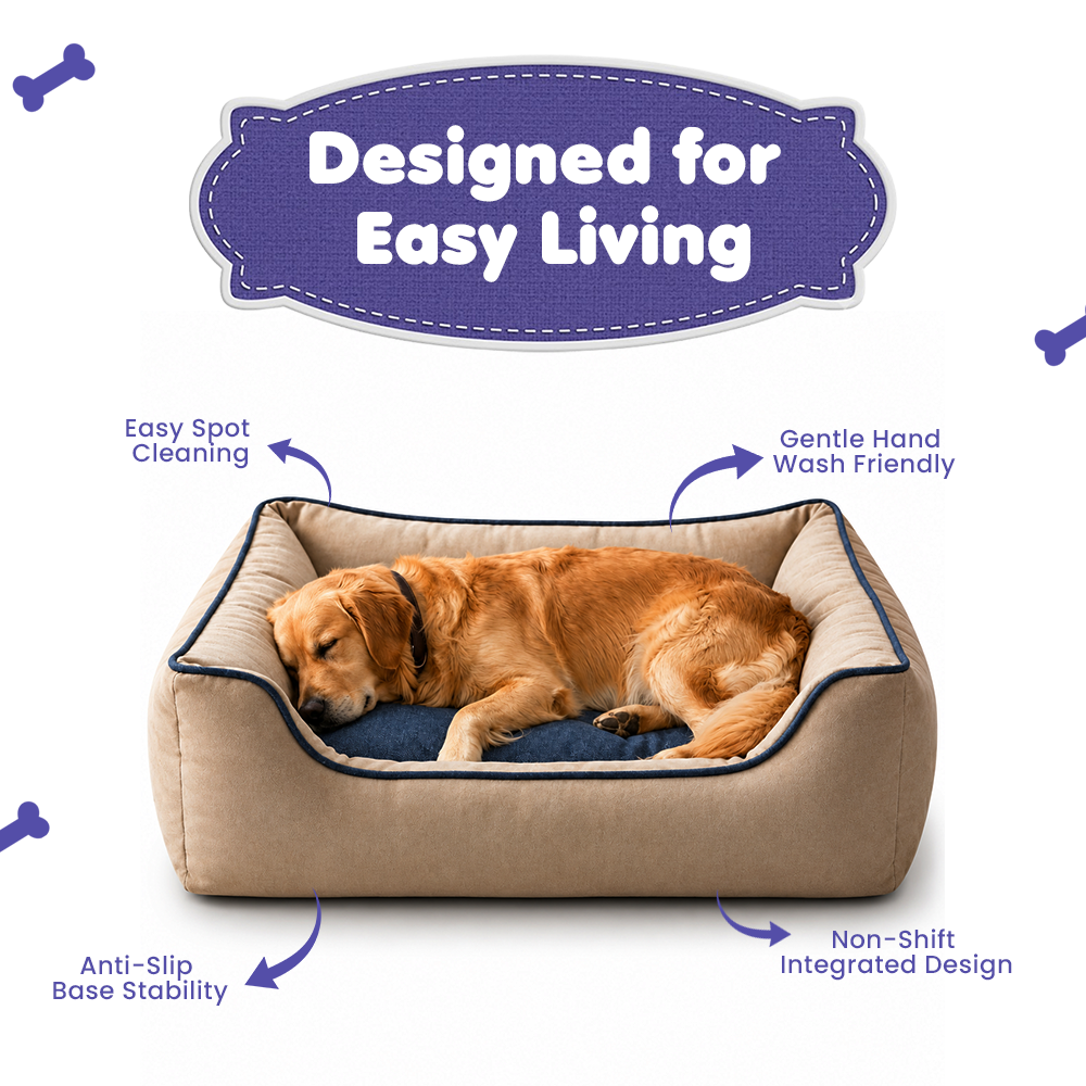 Golden retriever resting on an easy-to-clean FurryFits washable dog bed
