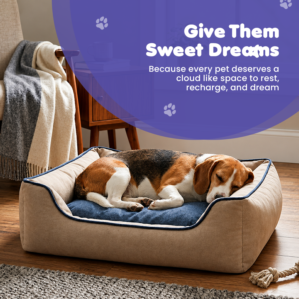 Beagle sleeping peacefully on the FurryFits orthopedic pet sofa bed