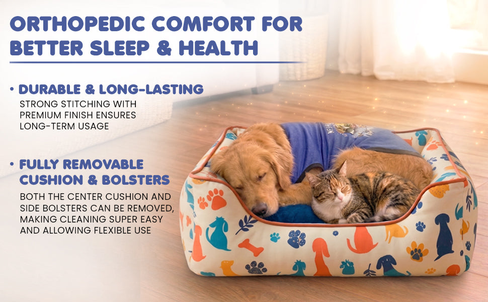 FurryFits Premium Dog Print Bed with Removable Cushion & Bolsters — soft orthopedic washable pet bed