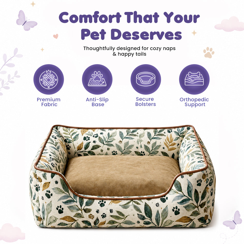 Premium leaf print dog bed features