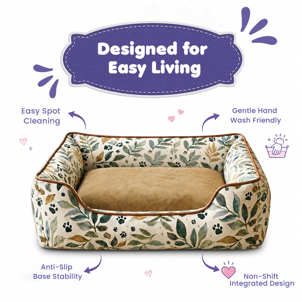 Dog resting on the FurryFits leaf print botanical pet bed