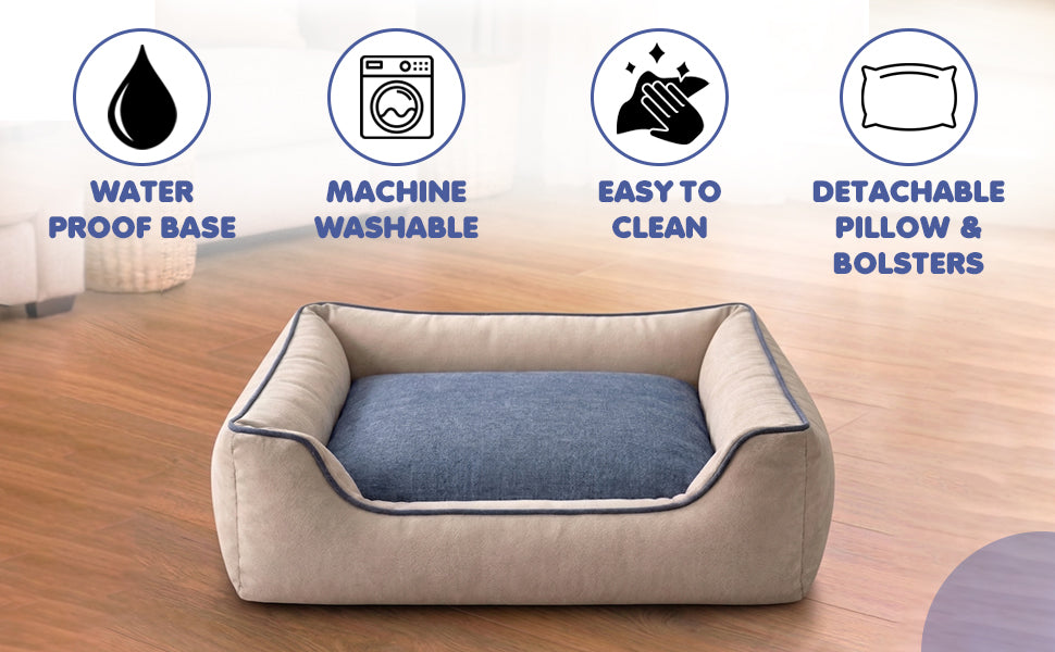 Two-tone beige & blue dog bed features